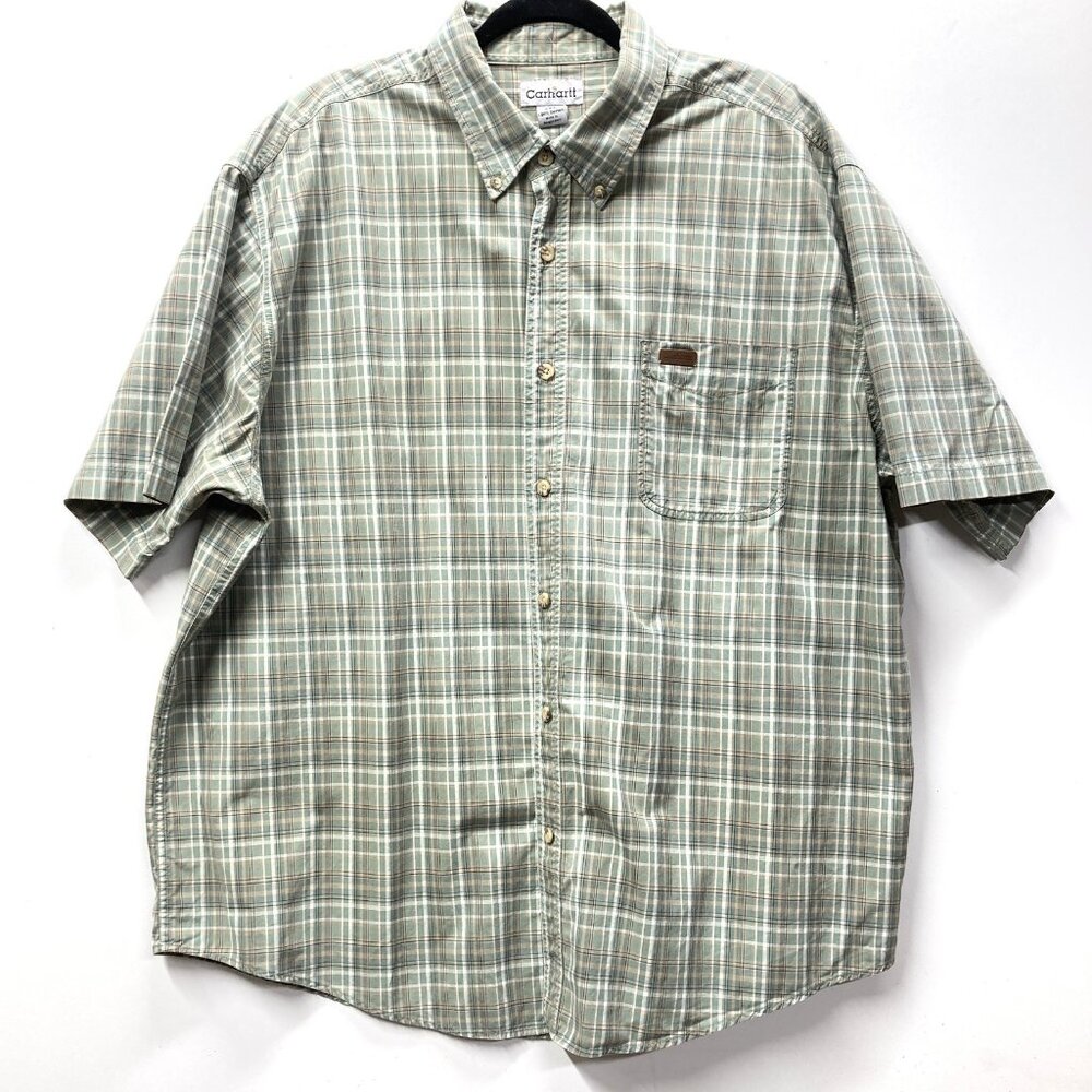 Carhartt Men's Green‎ Plaid Shirt, 2XL Button-Down Short Sleeve Cotton Casual